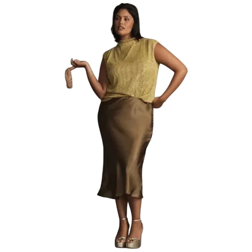 ANTHROPOLOGIE Women’s Liquid Shine Bias Cut Champagne Midi Skirt LRG